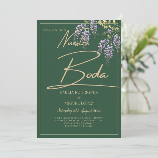 Spanisches All-in1 WISTERIA Gold Text Grün BODA Einladung (Stehend Vorderseite)