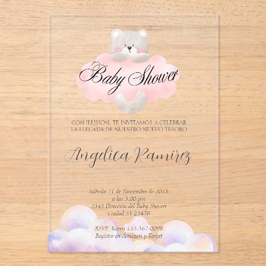 Spanisches Baby Showbären Thema Cloud Geschenkregi Acryleinladungen (Vorderseite)