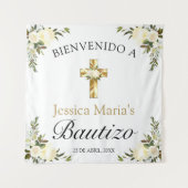 Spanisches Baby-Taufe Floral Gold Cross Willkommen Wandteppich (Vorderseite)