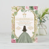 Spanisches Blatt Rosa & Gold 15 Años Princess Gebu Einladung (Stehend Vorderseite)