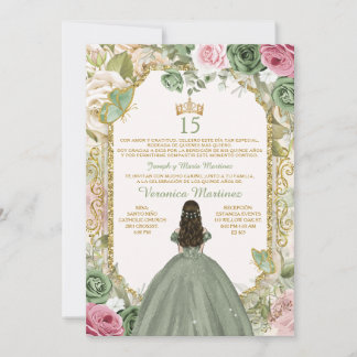 Spanisches Blatt Rosa & Gold 15 Años Princess Gebu Einladung