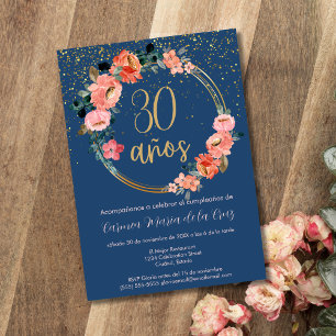Spanisches Blau Gold Chic Floral 30. Geburtstagsfe Einladung