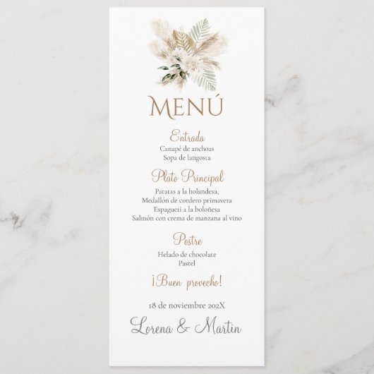 Spanisches Boho Wedding Menu Menükarte (Vorderseite)