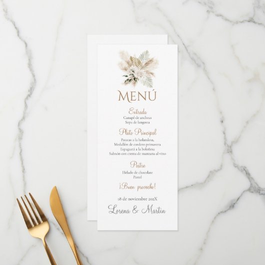 Spanisches Boho Wedding Menu Menükarte (Vorderseite/Rückseite Beispiel)