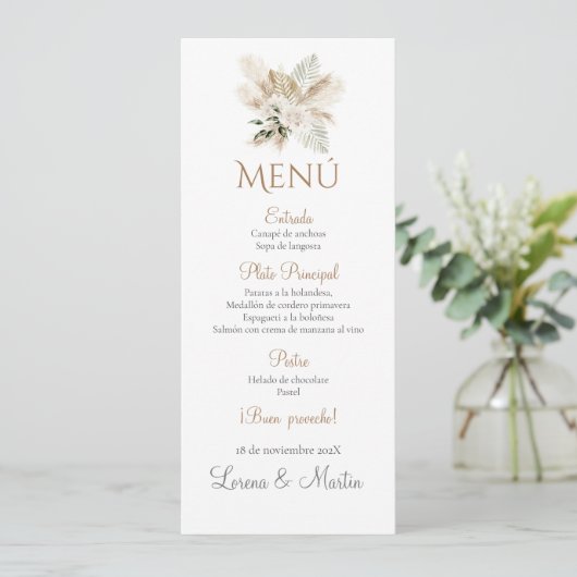 Spanisches Boho Wedding Menu Menükarte (Stehend Vorderseite)