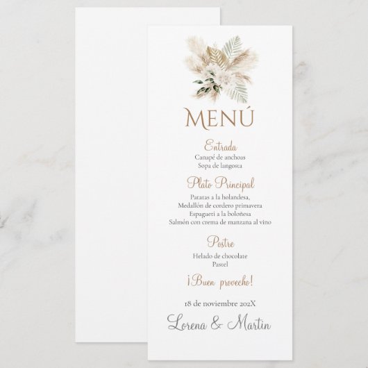 Spanisches Boho Wedding Menu Menükarte (Vorne/Hinten)