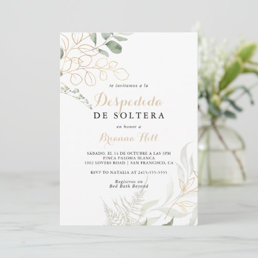 Spanisches Brautparty in Goldblättern Einladung (Stehend Vorderseite)