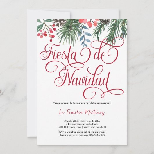 Spanisches Elegantes Pine Red Script Weihnachts-Pa Einladung (Vorderseite)