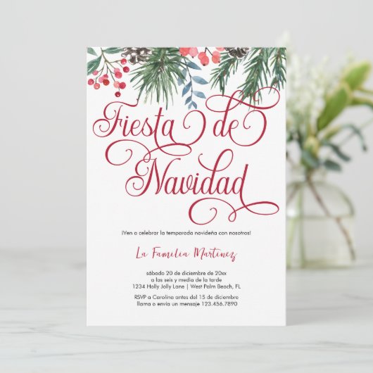 Spanisches Elegantes Pine Red Script Weihnachts-Pa Einladung (Stehend Vorderseite)