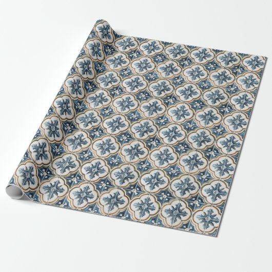 Spanisches Fliesenmuster Gold Blau Klee Geschenkpapier (Ungerollt)