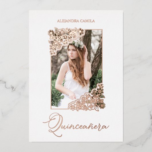 Spanisches Foto für romantische Blumenrahmen Folieneinladung (Vorderseite)
