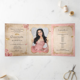 Spanisches Foto Rosa Rose Gold Quinceanera Dreifach Gefaltete Einladung