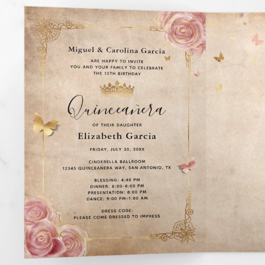 Spanisches Foto Rosa Rose Gold Quinceanera Dreifach Gefaltete Einladung (Innen Erste Seite)