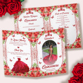 Spanisches Foto Roter Glitzer Floral Quinceanera Programm