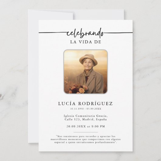 Spanisches Foto zur Beerdigung Celebrando Memorial Einladung (Vorderseite)