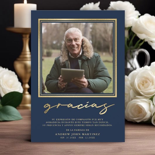 Spanisches Foto zur Beerdigung von Navy- und Goldk Dankeskarte