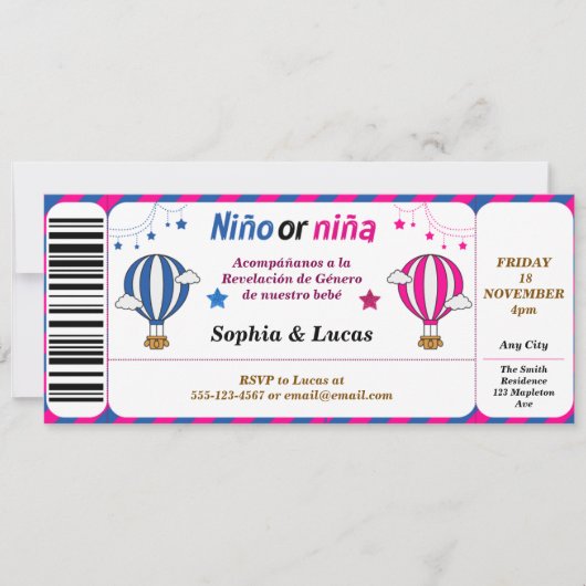 Spanisches Geschlecht offenbart Ticket Style Einladung (Vorderseite)