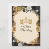 Spanisches Gold und schwarzes Flurholz Quiñceanera Einladung (Rückseite)