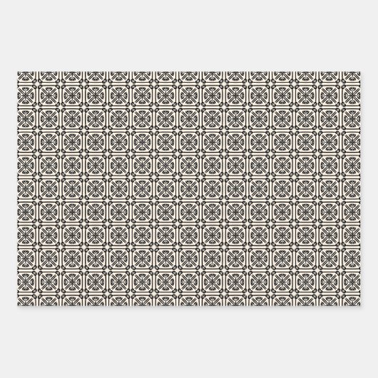 Spanisches Jugendstil-Fliesenmuster Schwarz und Cr Geschenkpapier Set (Vorderseite)