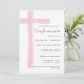 Spanisches Mädchen Rosa Konfirmation Confirmacion Einladung (Stehend Vorderseite)