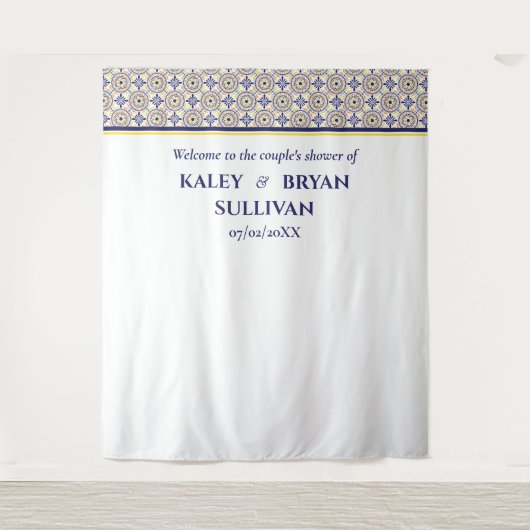 Spanisches Navy Yellow Tile Dusche Foto Background Wandteppich (Vorderseite)