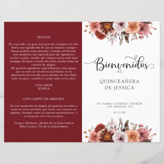 Spanisches Programm Burgund Blush Quinceanera (Vorderseite)