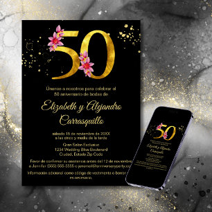 Spanisches Schwarzes Gold Rosa Floral 50. Jubiläum Einladung