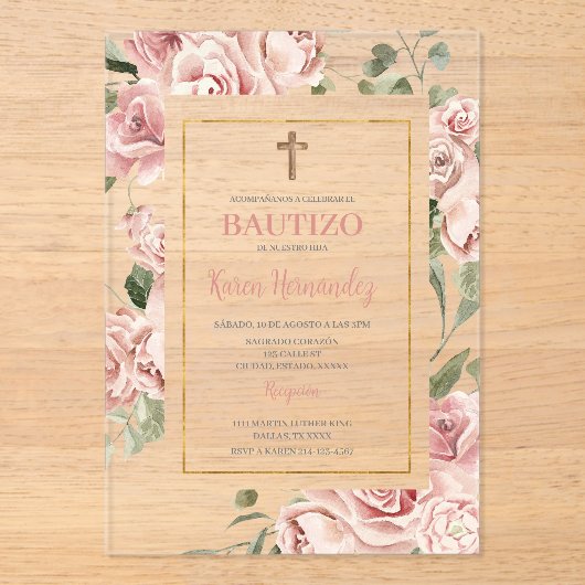 Spanisches Taufmädchen Acryleinladungen (Vorderseite)