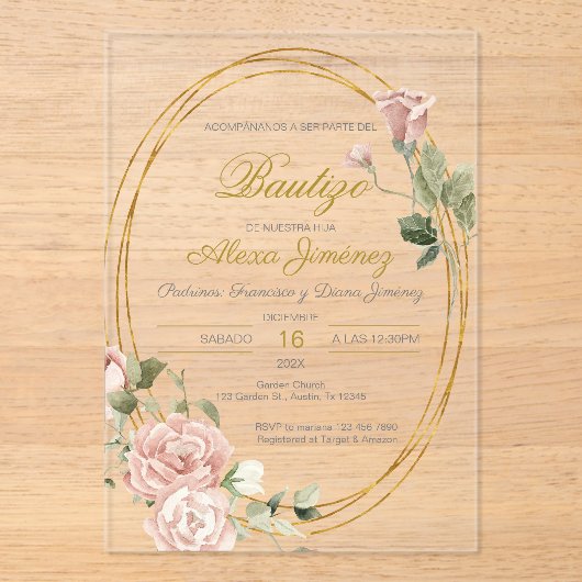 Spanisches Taufmädchen Acryleinladungen (Vorderseite)