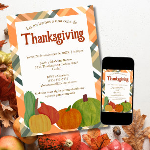 Spanisches Thanksgiving-Dinner Orange Herbst-Karo  Einladung