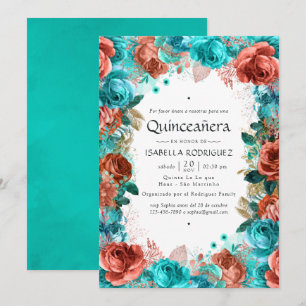 Spanisches Türkis- und Korallenblüten-Quinceañera Einladung