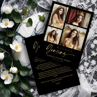 Spanish Black Trendy Quinceañera Collage 4 Photos Dankeskarte