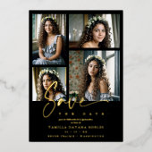 Spanish Black Trendy Quinceañera Collage 4 Photos Folieneinladung (Vorderseite)