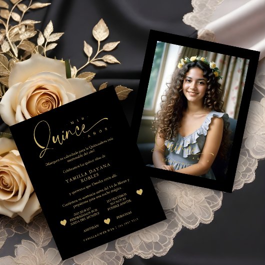 Spanish Black Trendy Quinceañera Collage 4 Photos RSVP Karte