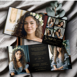 Spanish Black Trendy Quinceañera Collage 7 Photos Dreifach Gefaltete Einladung