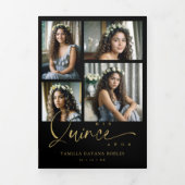 Spanish Black Trendy Quinceañera Collage 7 Photos Dreifach Gefaltete Einladung (Cover)