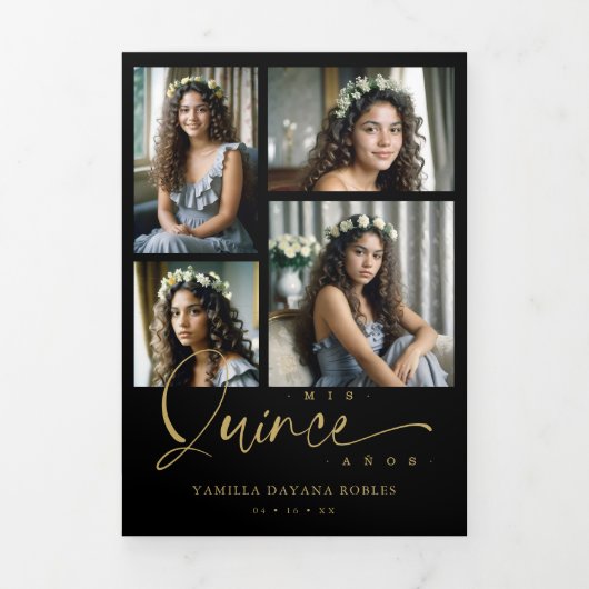 Spanish Black Trendy Quinceañera Collage 7 Photos Dreifach Gefaltete Einladung (Cover)