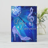 Spanish Blue Disco Ball & Sparkle Heels Sweet 16 Einladung (Stehend Vorderseite)