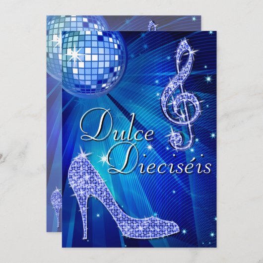 Spanish Blue Disco Ball & Sparkle Heels Sweet 16 Einladung (Vorne/Hinten)