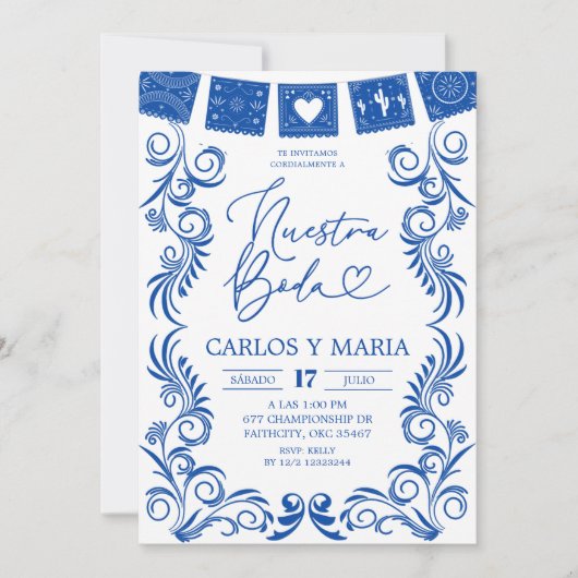 Spanish Blue Talavera Frame Nuestra Boda Einladung (Vorderseite)