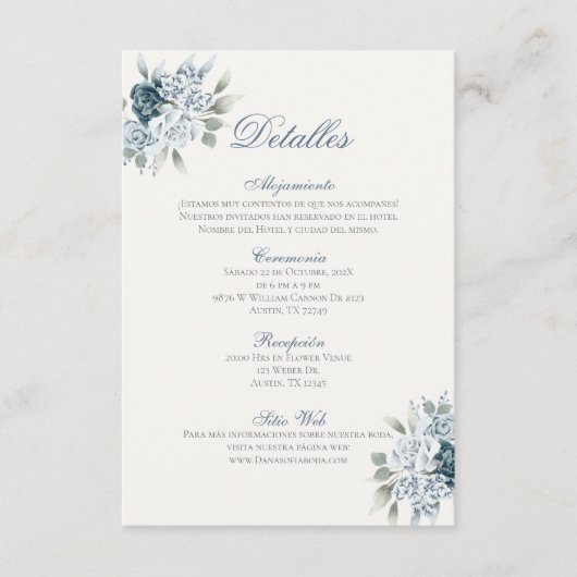 Spanish Blue Wedding Detalles de la Boda Begleitkarte (Vorderseite)