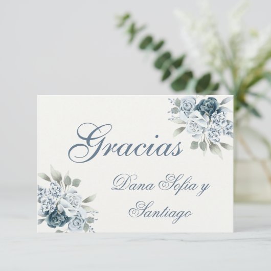 Spanish Blue Wedding Vielen Dank RSVP Karte (Stehend Vorderseite)