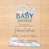 Spanish Boy Baby Shower Teddy Bear Airplane Blue Acryleinladungen (Vorderseite)