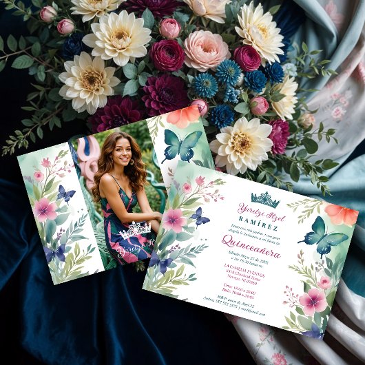 Spanish Charming Sweet Floral Garland Butterflies Einladung
