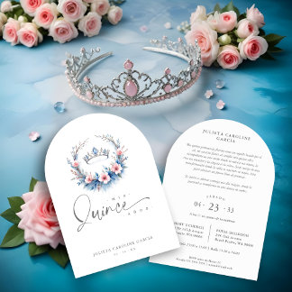 Spanish Cute Blue Pink Floral Quinceañera Tiara Einladung