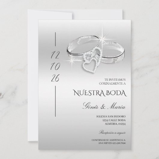 Spanish Decorative Glitzy Silver Wedding Rings  Einladung (Vorderseite)