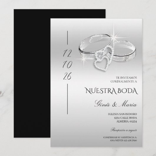 Spanish Decorative Glitzy Silver Wedding Rings Einladung (Vorne/Hinten)