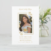 Spanish Elegant Photo Quinceañera in Yellow Floral Save The Date (Stehend Vorderseite)