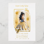 Spanish Elegant Quinceañera Yellow Doll Floral Folieneinladung (Vorderseite)