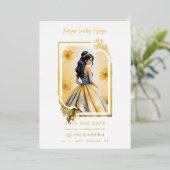 Spanish Elegant Quinceañera Yellow Doll Floral Folieneinladung (Stehend vorne)